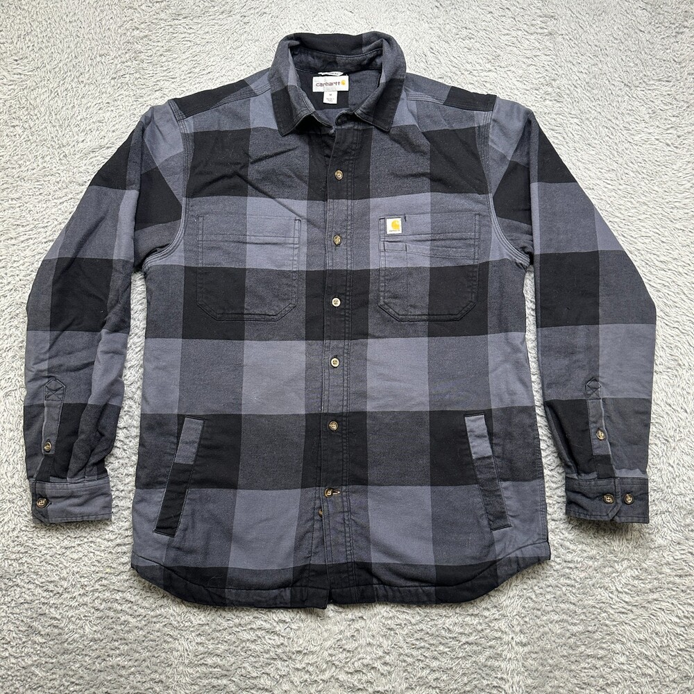 Carhartt Shacket Mens M Blue Gray Plaid Relaxed Fit Flannel Fleece Lined Jacket
